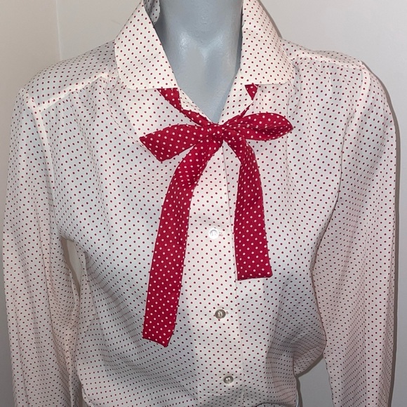 Koret vintage blouse long sleeve button down sash white red polka dot medium - Picture 1 of 9